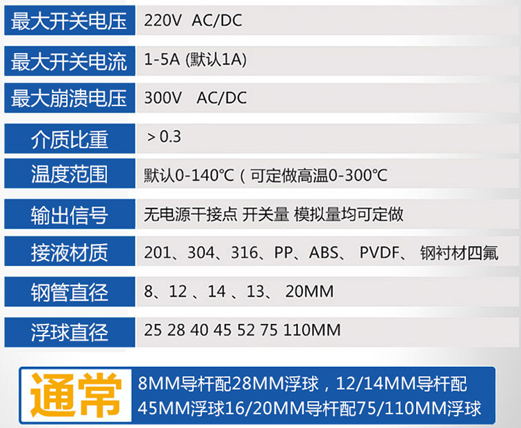 高低位浮球液位計技術參數對照表